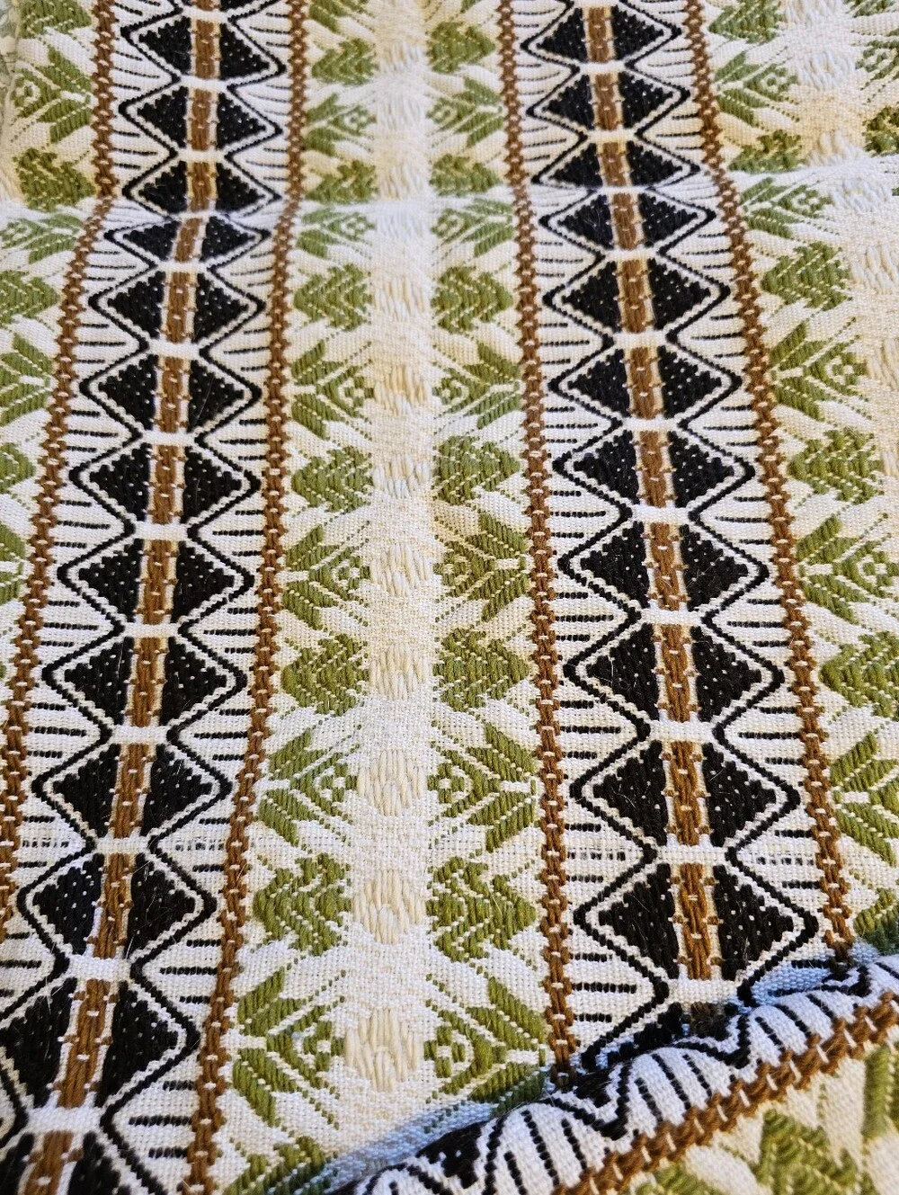 Vintage 70s Handwoven Cotton Geometric Queen Blanket Coverlet
